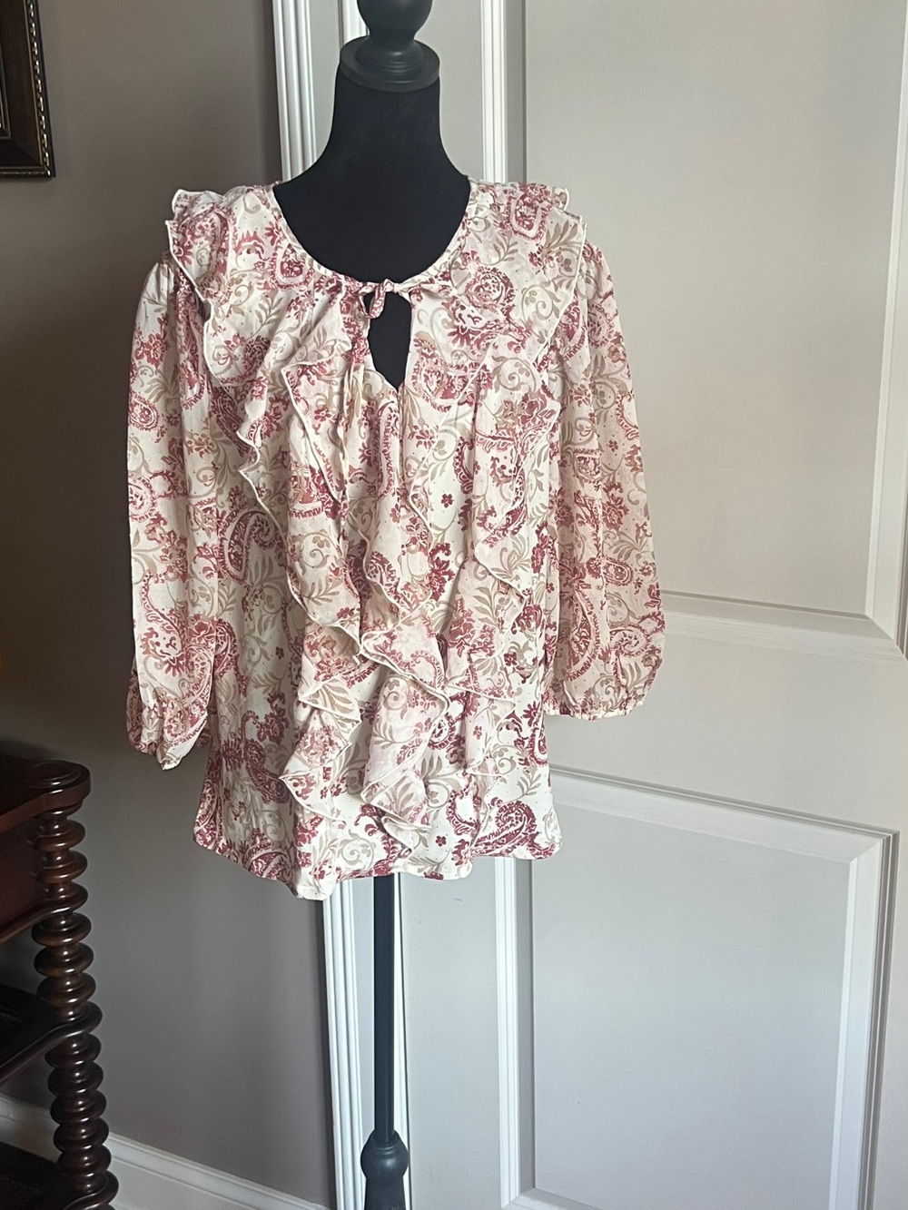 Ruffled Paisley Tie-Neck Blouse - Cream & Dusty Rose